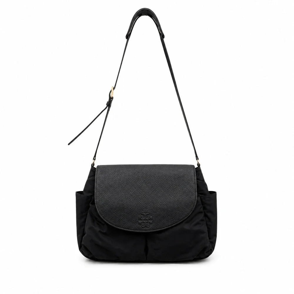 Tory Burch Thea Messenger Diaper Bag Black Nylon Leather Trim Changing Pad‎